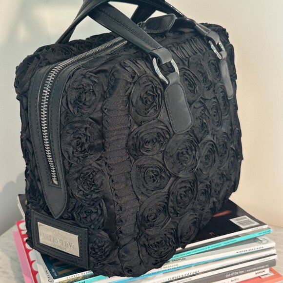 Valentino Garavani Rosier Black Fabric Applique Flowers Tote Bag Handbag - Picture 7 of 8